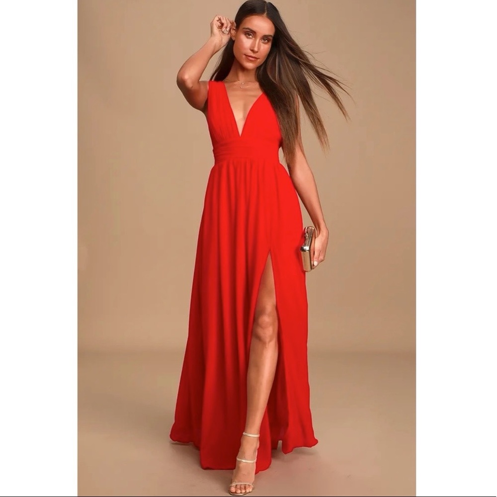 Lulus Red Plunge Chiffon Maxi Dress | Small